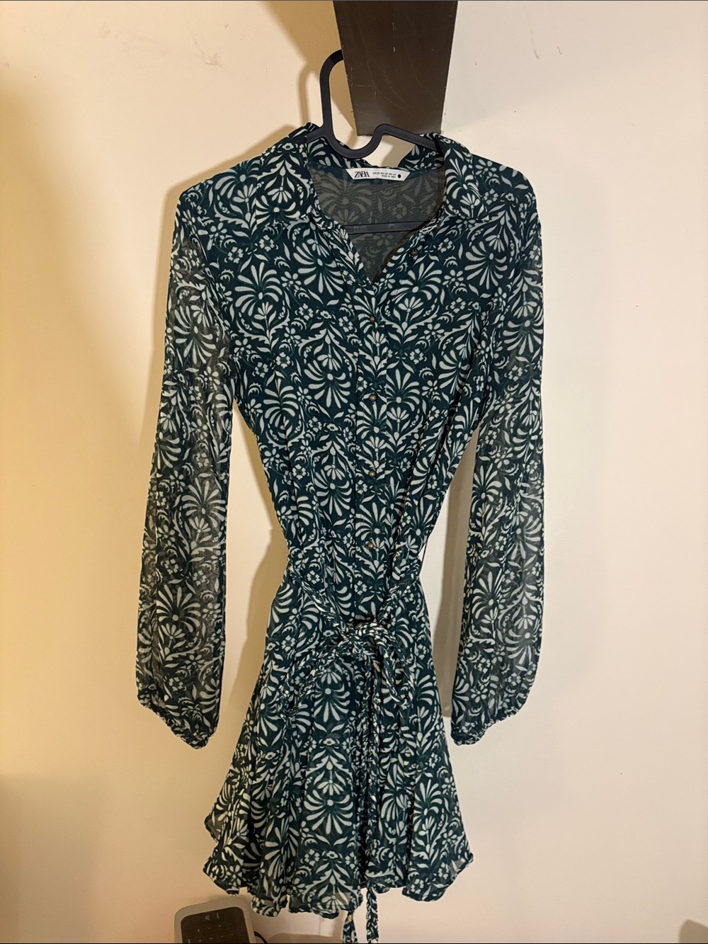 Zara Teal and White Long-Sleeve Wrap Dress